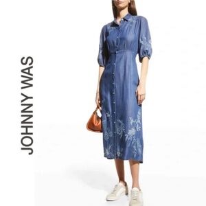 JOHNNY WAS Jacqueline Puff Sleeve Midi Shirtdress Embroidered Floral Western